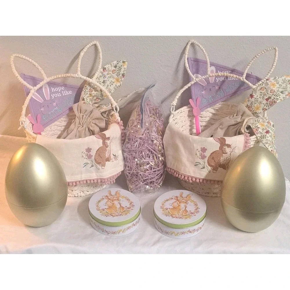 🐣 Easter Basket Set of 2 Bunny Baskets 🐰🥚 Eggs Grass Ready to Gift All NEW